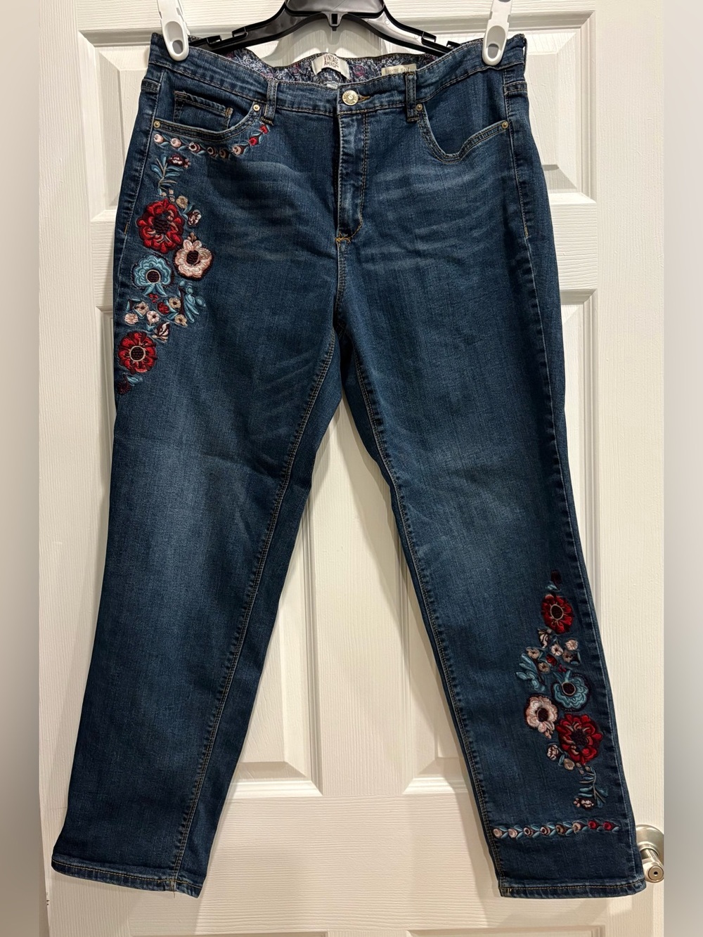 Women’s size 14, regular Embroidered Dark Wash Women's Jeans - Floral Accent